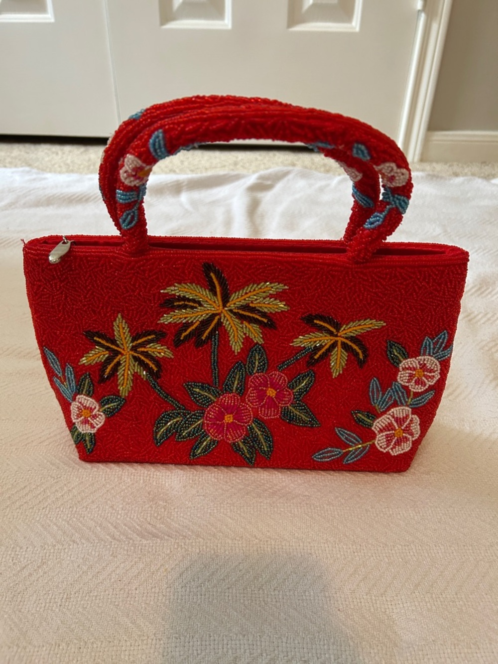 Hand-Beaded Red Floral Tropical Tote Bag